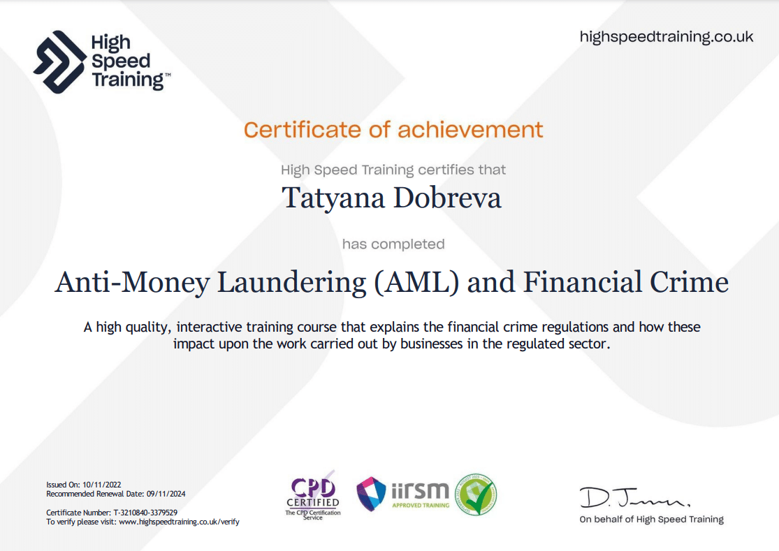 Anti-Money Laundering (AML) and Financial Crime — Certificate of achievement