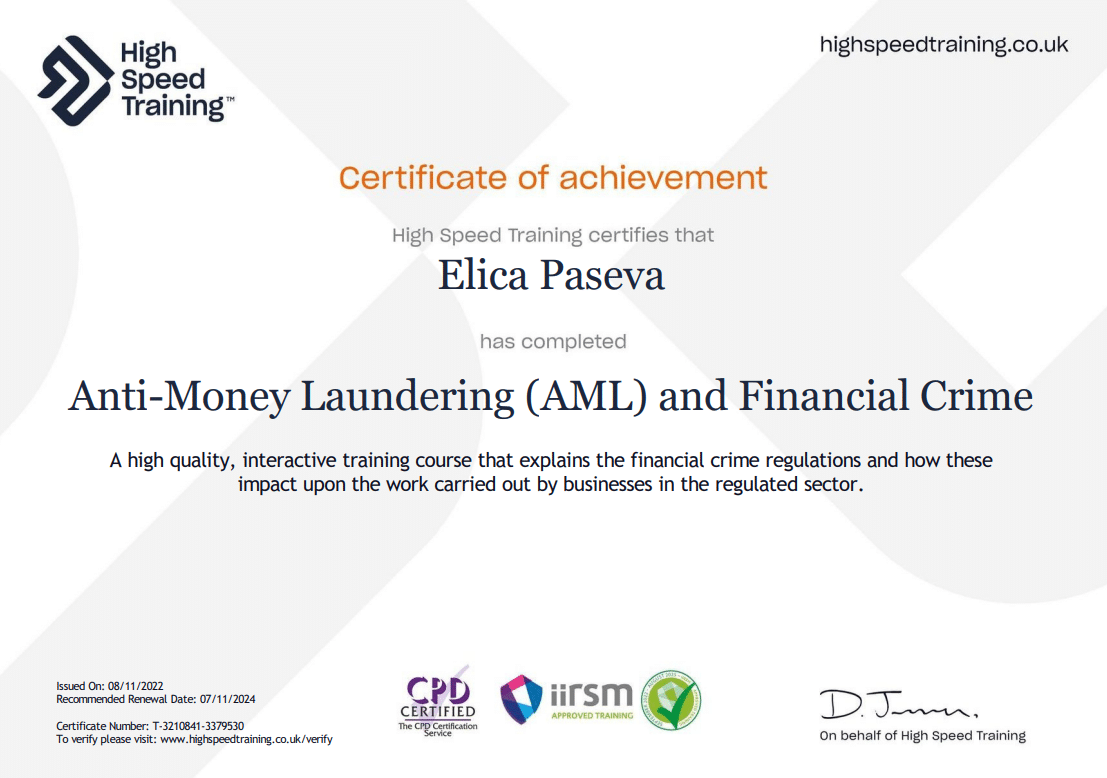 Anti-Money Laundering (AML) and Financial Crime — Certificate of achievement