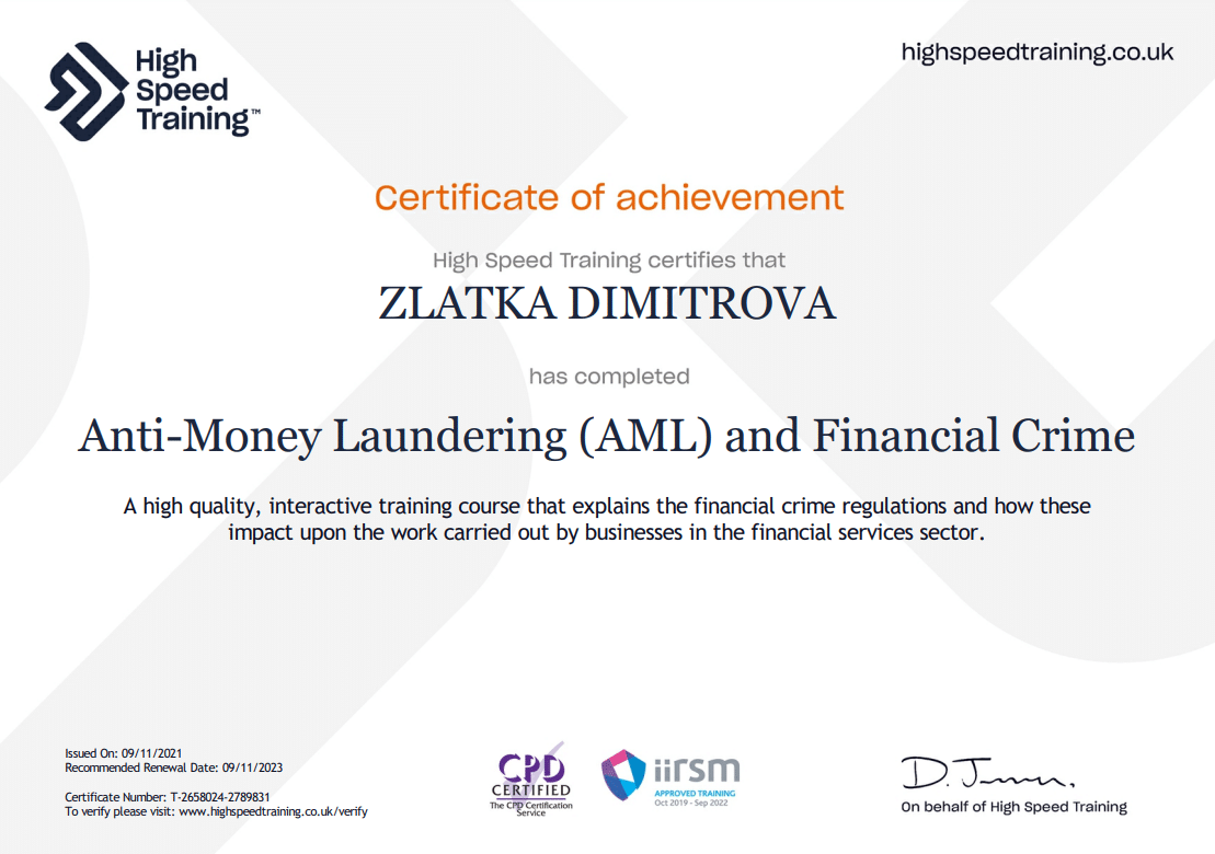 Anti-Money Laundering (AML) and Financial Crime — Zlatka Dimitrova